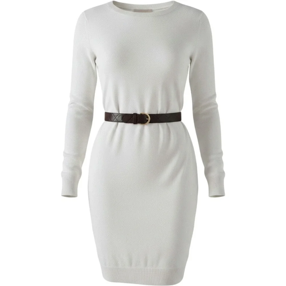 Michael Kors Womens White Long Sleeve Belted Knit Sweater Dress Small